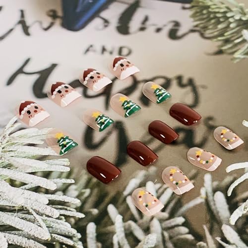 Uñas postizas cuadradas cortas con diseño navideño de Santa Claus y árbol de Navidad rojos y verdes, 24 piezas, brillo francés full cover miniatura 4