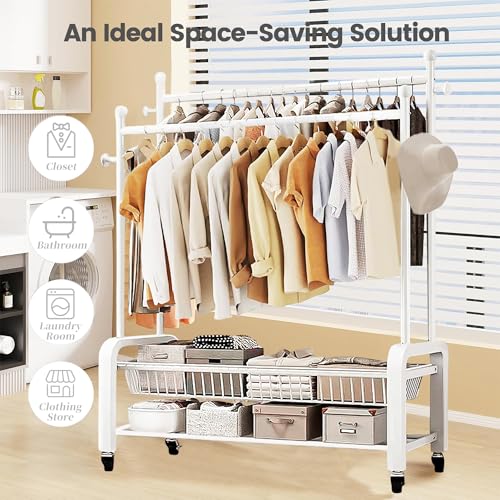 GLQ - Kleiderständer auf Rollen,kleiderstange Rollen,kleiderständer stabil,kleiderständer mit Rollen mit Doppelschichtige Lagerung mit Zwei Kleiderstangen(Weiß)