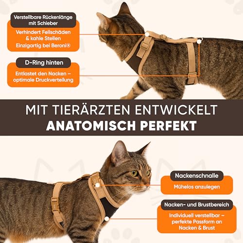 Katzengeschirr Easy Walking Katzengeschirr 2.0 ausbruchsicher, verstellbar, Nicht über Kopf Bengal, Maine Coon kleine und große Katzen (Braun, M)