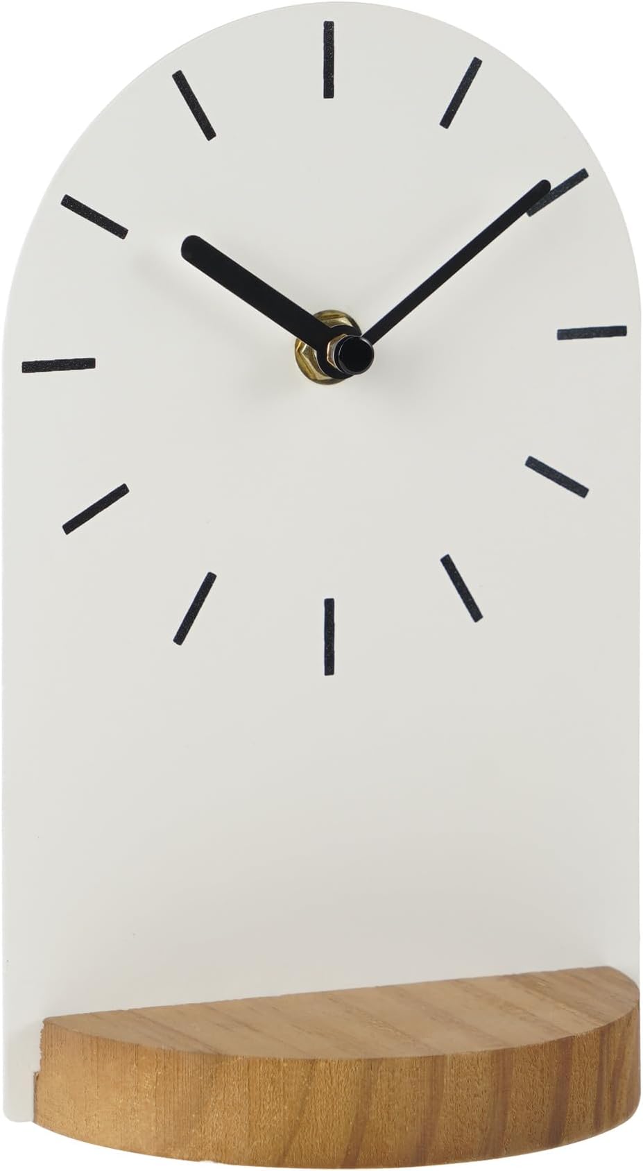 SOFFEE DESIGN One-Piece Table Clock Iron Sheet with Wooden Base Ins Style, Desktop Clock Non Ticking Battery Operated for Living Room Bedroom Home Decor, White