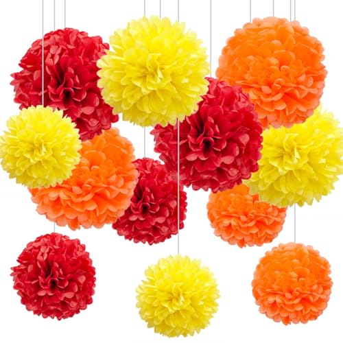 Lot de 12 Pompons Papier de Soie Rouge Orange et Jaune,Boule de Fleur en Papier pour Thème du Feu Thanksgiving Décoration de Fête