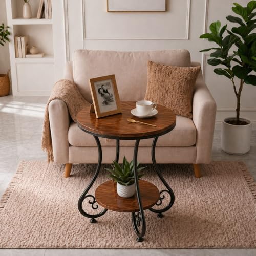 Image of CARTADEN 2 Tier End Table in Living Room, Industrial Style Round Bedside Table with Storage, Small Outdoor Coffee Table for Bedroom Balcony Patio Black Brown