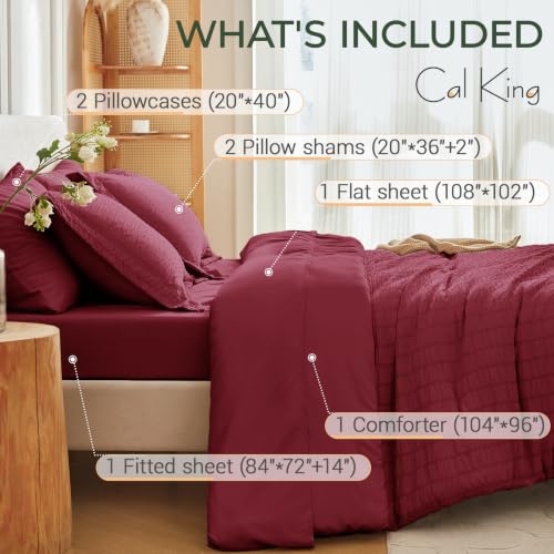 Image of MUXHOMO 7 Pieces California King Comforter Set, Seersucker Bed in a Bag Cal King Size, All Season Luxury Bedding Set with Comforter, Flat Sheet, Fitted Sheet, Pillowcases & Shams, Burgundy