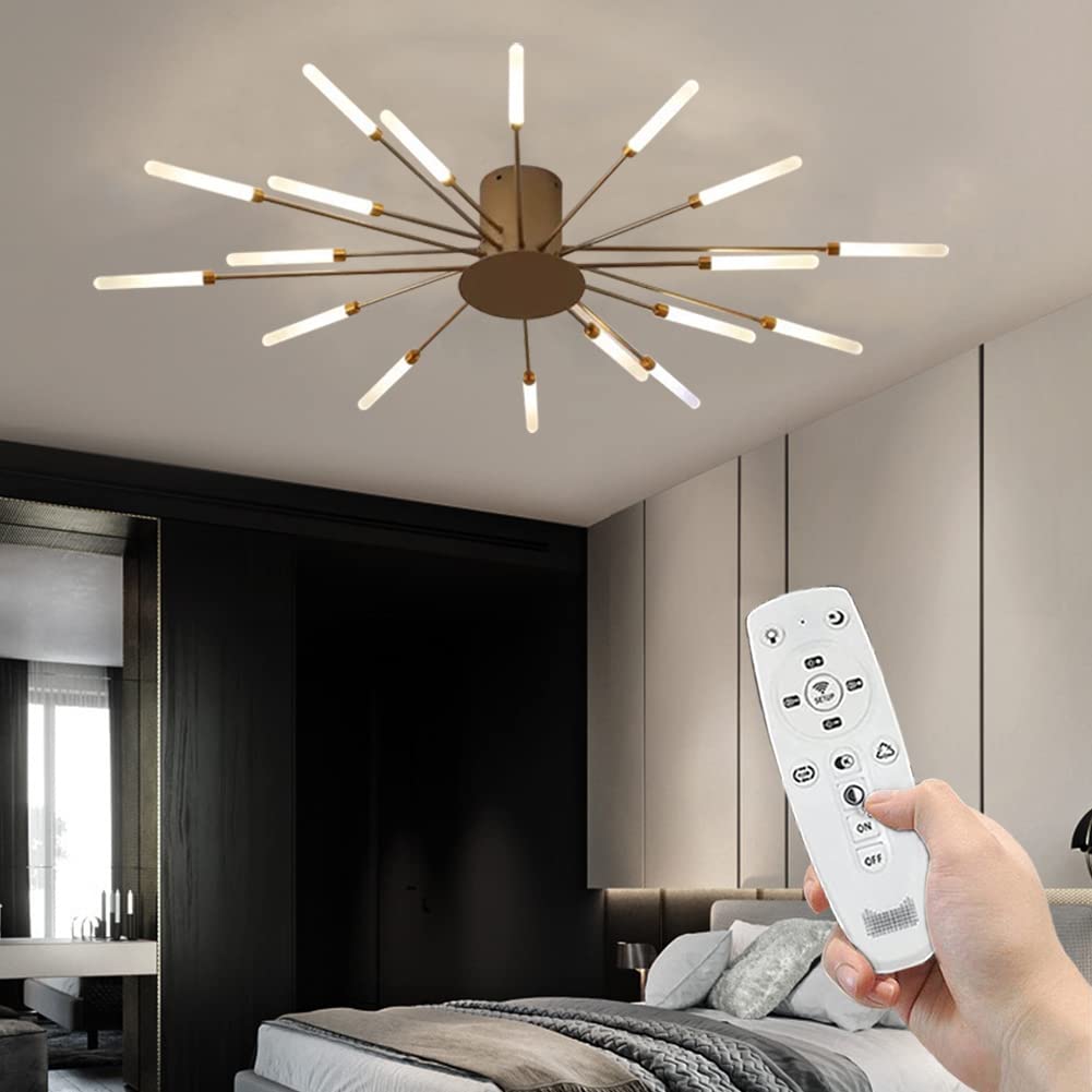 Modern Fireworks Ceiling Light With Remote Control, LED Creative Flower Shape Ceiling Lamp Fixture Nordic Semi-Flush Mount Acrylic Ceiling Lighting For Living Dining Room Bedroom (Gold,18-Light)