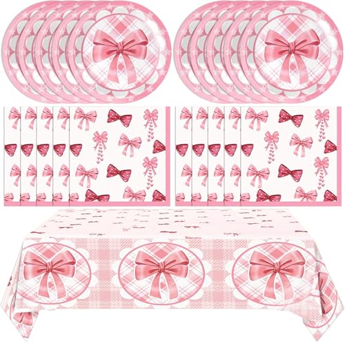 Ensemble de vaisselle de fête avec nœud mignon, vaisselle de fête avec nœud rose, assiettes en carton pour anniversaire, ensemble de décoration pour anniversaire, ensemble de vaisselle de fête (rose)