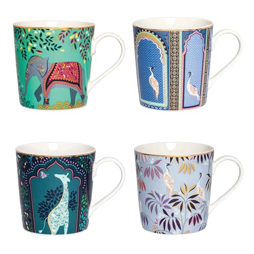 Sara Miller India Mugs, Set of 4 - 12oz Fine China Tea & Coffee Mugs with 22ct Gold Detailing - Collectible Drinkware Featuring Exotic Wildlife in Vibrant Jewel Tones - Great for Gifting