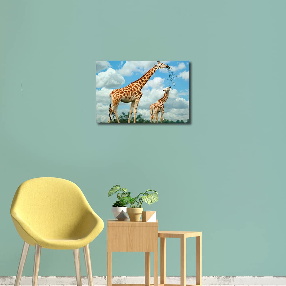 Canvas Wall Art Animals Painting for Interior Bathroom Wall Décor Giraffe Mother and Child for Living Room Dining Room Decorations Framed Ready to Hang Small Size 12x18inch (30x45cm) - Image 2