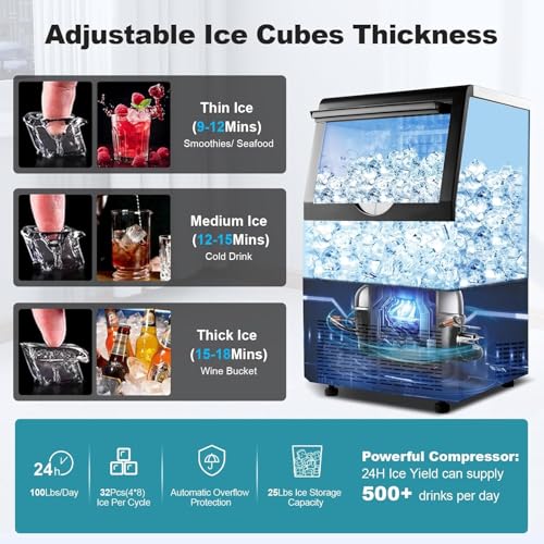 Image of Amzgachfktch Commercial Ice Maker 100 Lbs /24H, Auto Self-Cleaning Ice Maker, LED Display, Blue Light, Under Counter /Freestanding Ice Machine for Home /Restaurant /Bar /Hotel