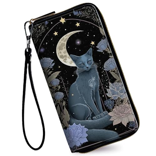 Image of Women's Wallets,Credit Card Holder Money Leather Long Wallet with Wristlet,Large Capacity with Zip-Around Phone Purse for Women Ladies Girls,Purple Flower&Cat