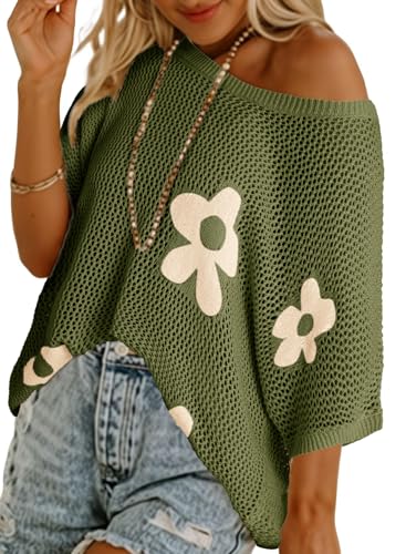 Image of Dokotoo Womens Floral Fashion Summer Tops 2026 Short Sleeve Crochet Sweaters Swimsuit Cover Ups Lightweight Knit Pullover
