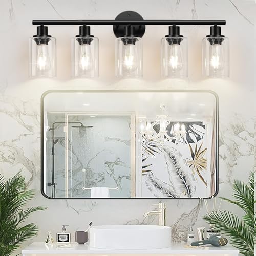 5-Light Bathroom Light Fixtures, Black Modern Vanity Lights with Clear Glass Shade, Bathroom Wall Lamp for Mirror Kitchen Living Room Hallway Cabinet Porch