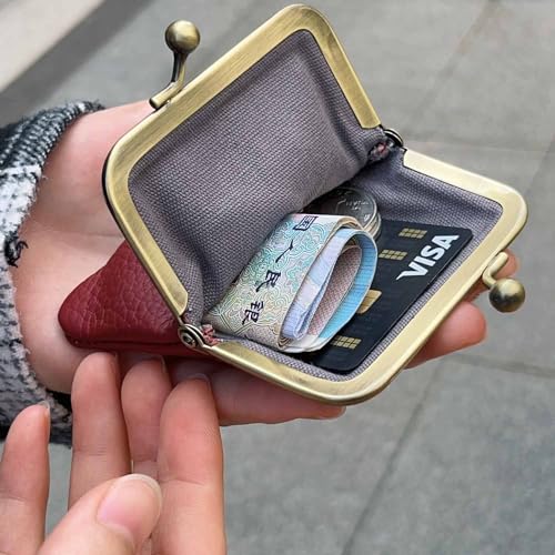 1Pcs Vintage Coin Purse Kissing Lock Wallet Coin Organizer Buckle Kissing Lock Coin Purse Leather Coin Clip for Men & Women (Burgundy)3