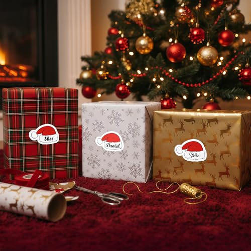 Image of Personalized Christmas Stickers, Custom Name Waterproof Christmas Gift Tags for Gift Box Holiday Decorations, Stockings, Party Favors (Cute Santa Hat)