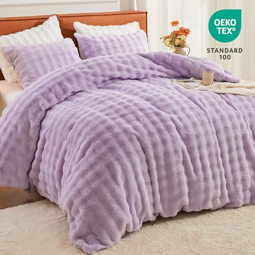 Image of EMME Faux Fur Duvet Cover King Size, 3 Pieces Ultra Soft Fluffy Comforter Cover, Cozy Warm for Winter, Luxury Elegant Shaggy Bubble Design Bedding, 1 Duvet Cover & 2 Pillow Shams (King, Purple)