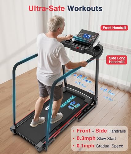 Image of Redliro Walking Treadmill for Seniors Foldable - 400 Lb Capacity Senior Treadmill with Front & Long Handrails, 0%-2% Incline Home Recovery Fitness Exercise Machine for Elder, 47.6 inch Long Belt, APP