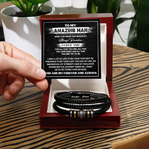 To My Man Bracelet, Husband Bracelet Gifts From Wife, Men Bracelets Gift, Braided Leather Stainless Steel Infinity Bracelets Lettering Love You Forever Jewelry Gifts For Man With Message Card & Box3