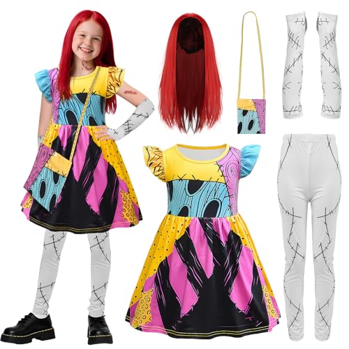 WEFONLLICOS 5PCS Sally Costume Kids Girls Patchwork Dress with Sally Wig Bag Tights Gloves Halloween Christmas Cosplay Outfit Fancy Dress (140)