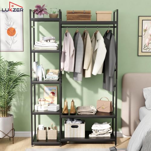 Image of Lukzer Heavy Duty Garment Rack with 8 Shelves & Hanging Rod | Free-Standing Modern Clothes Stand Metal & Engineered Wood Shoe Rack with Adjustable Foot Pads for Living Room - MMR-004 /Black & Black