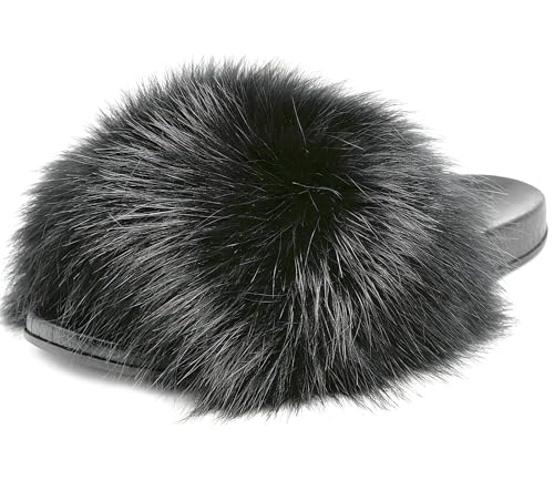 Image of Faux Fur Slides for Women, Fuzzy Slippers Fluffy Sandals Furry House Shoes Indoor Outdoor