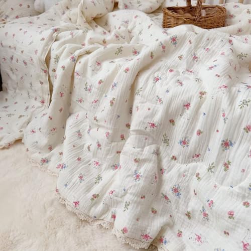 Image of BuLuTu Pink Floral Kids Blanket for Todder /Twin Bed Muslin Cotton Comforter for Girls Boys, Soft Breathable Quilted Blanket Cute Sheep Pattern Toddler Quilt for All Seasons, 60x80 Inches