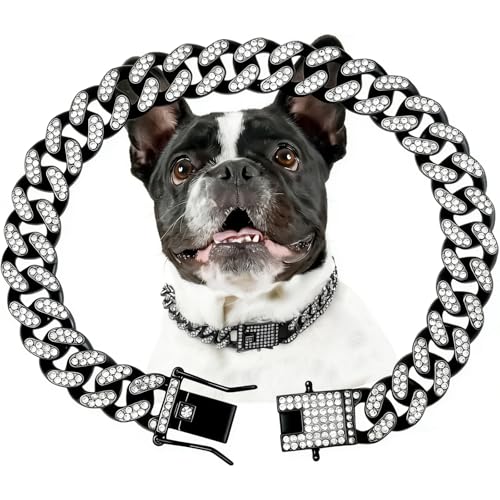 Image of Black Dog Chain Diamond Collar Walking Metal Chain Collar with Design Secure Buckle Pet Collar Jewelry Accessories Dog Necklace for Small Medium Large Dogs Cats (Black, 20inch)