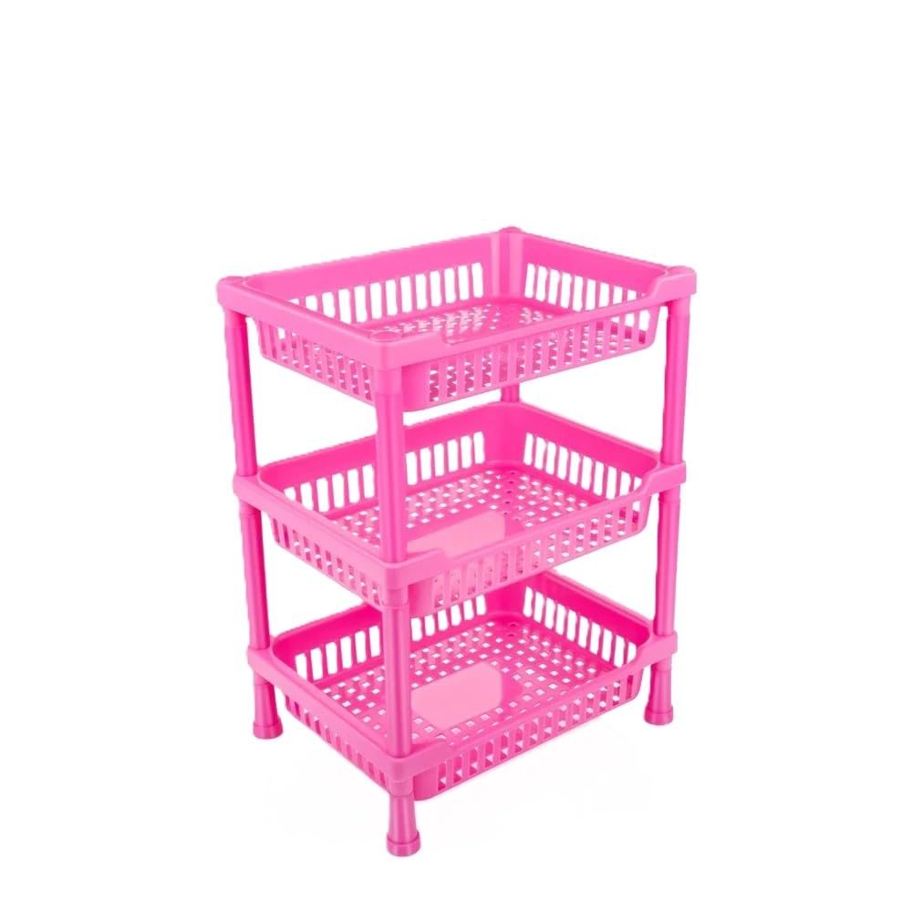 3 Tier Plastic Storage Rack Organizer Square Design – Multipurpose Stackable Basket Stand for Kitchen, Fruits & Vegetables, Pantry, Bathroom & Home Storage (Space Saving Organizer) (PINK)