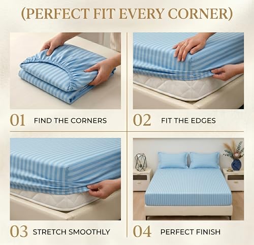 Image of VAS COLLECTIONS Premium 210 TC Cotton Satin Striped Elastic Fitted Bedsheets with 2 Pillow Covers | Double Bed with All Around Elastic Supersoft | Size - 78x72+10 inches, Aqua