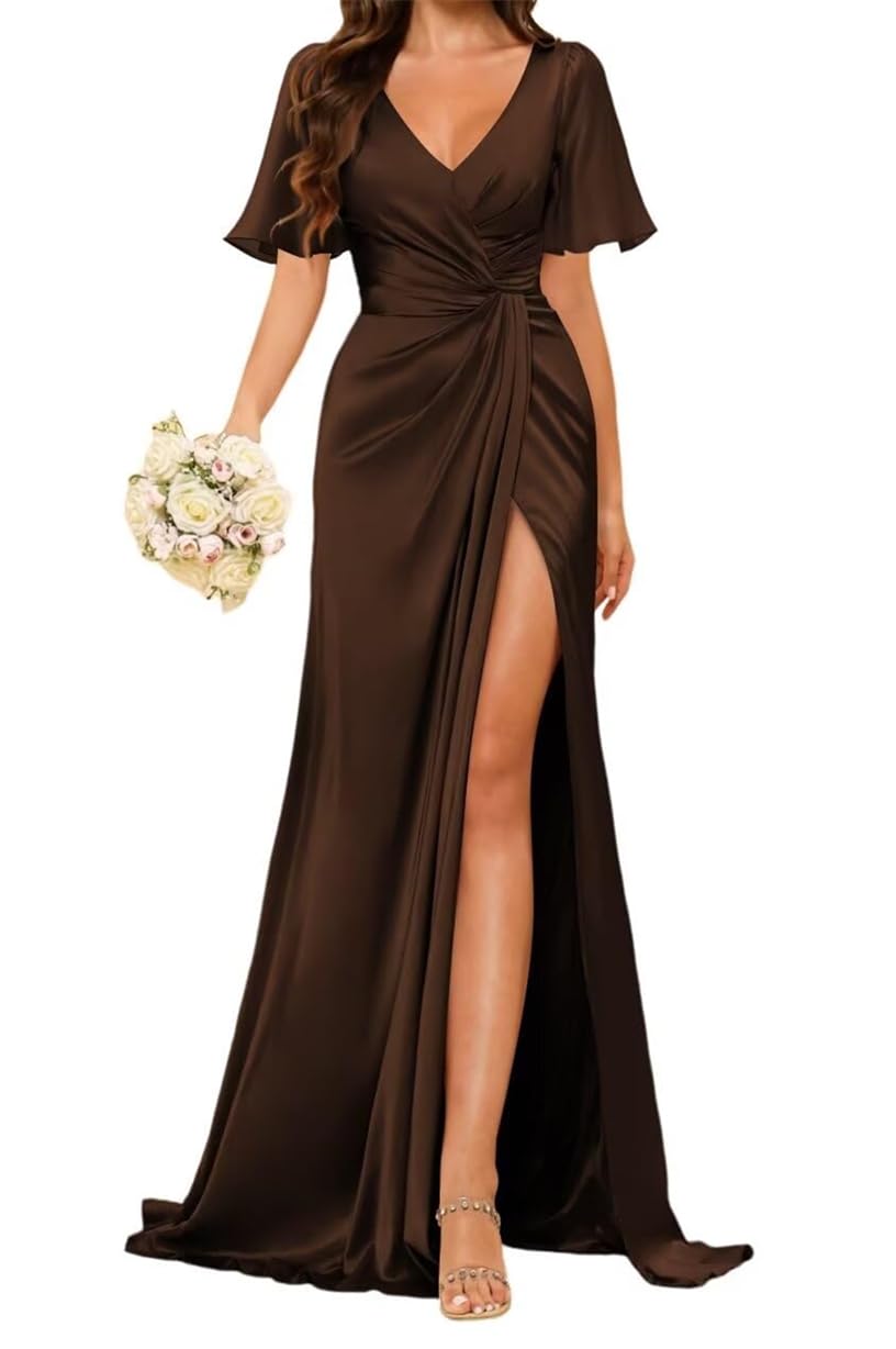 WSEYU Short Sleeve Wedding Bridesmaid Dress Ruched Satin Long Formal Evening Party Prom Gowns with Slit ZM190 Brown UK22
