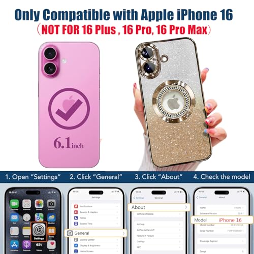 Image of Misscase for iPhone 16 Magnetic Glitter Case Compatible with MagSafe,Full Protection Slim Shockproof Anti-Scratch Case with Camera Lens Protector Logo View Dust-Proof Net for Women Gold