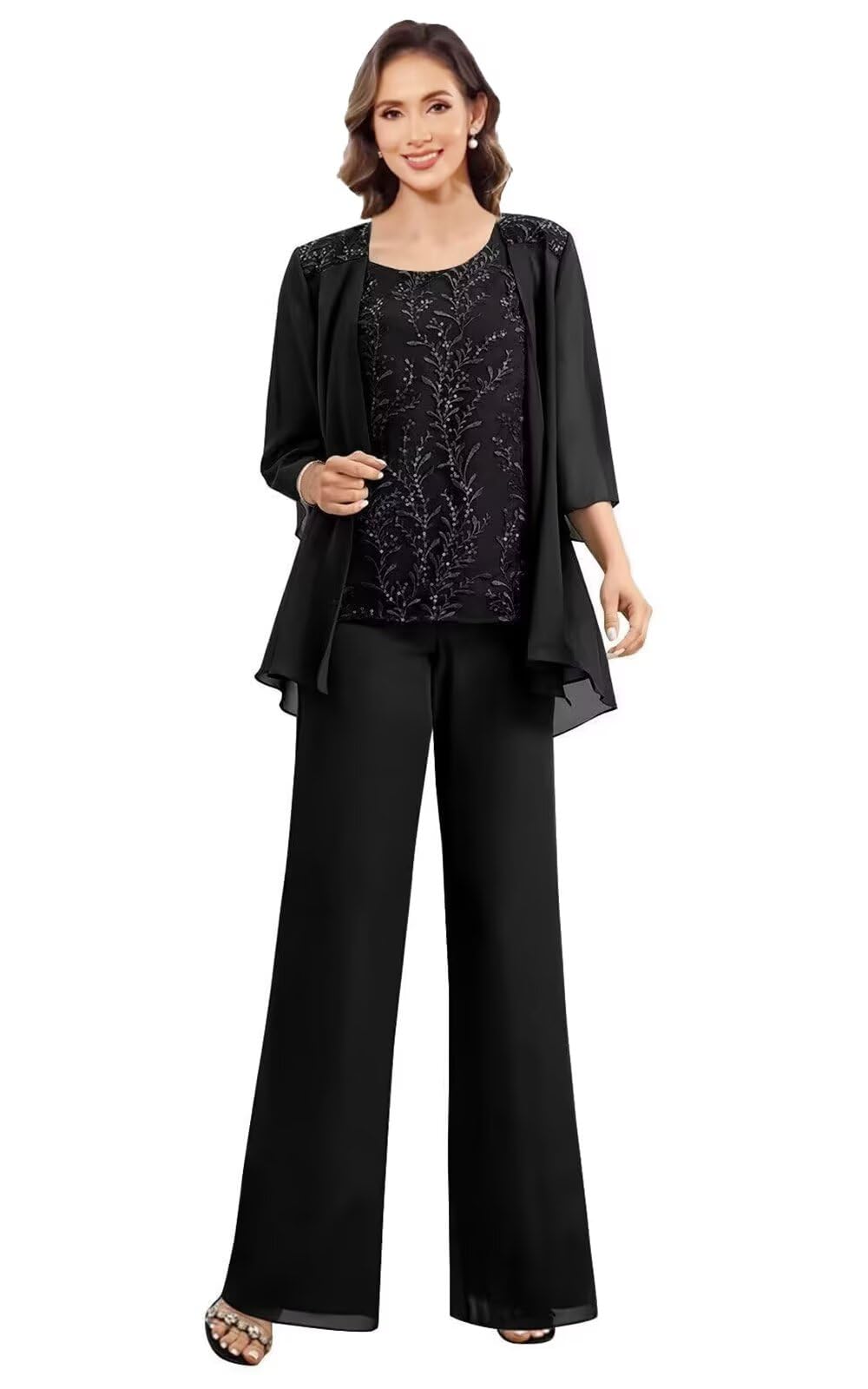 3 Pieces Mother of The Bride Pant Suits for Women Dressy Sequin Appliques Formal Wedding Dress with Jacket