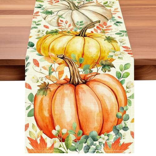 Camino de mesa otoñal con diseño de calabaza y eucalipto, decoración otoñal, 40 x 180 cm