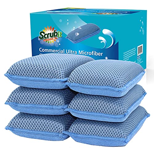 Miracle Microfiber Kitchen Sponge By Scrub-It (6 Pack) - Non-Scratch Heavy Duty Dishwashing Cleaning Sponges- Machine Washable - (Blue) #TOP6