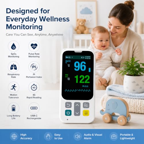 Image of Handheld Pulse Oximeter with Respiration Tracking, Rechargeable Oxygen Monitor with Foot Sensor and Finger Sensor, Continuous Monitoring with Alarm, Portable SpO2 Pulse Rate PI Display for Home Use