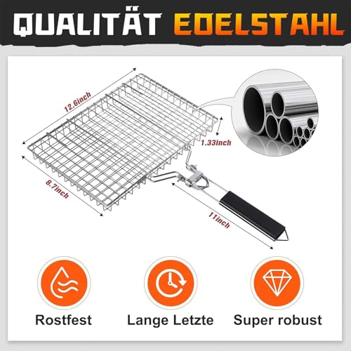 Grillkorb Edelstahl mit Holzgriff - 32 * 22.5 * 4cm Große Edelstahl-Grillkorb für Camping & BBQ, Faltbare BBQ Grill Mesh Klemme mit Oxford-Tasche Tragbarer Fischgrillgitter für Fisch, Gemüse, Garnelen