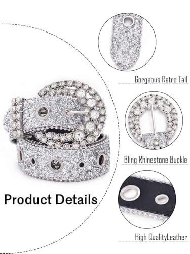 Crystal Genuine Leather Bling Belts for Women, Glitter Silver Diamond Belt Pin Buckle Cowgirl Jeans Pants2