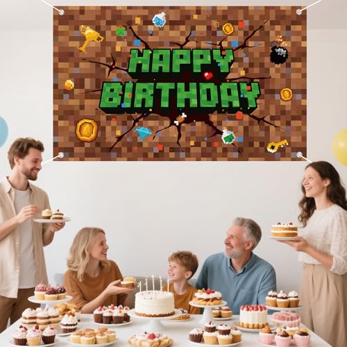 Image of Pixel Birthday Decorations, 70.87x43.31in /180x110cm Happy Birthday Banner Backdrop for Mining Party Decoration & Pixel Themed Celebration Kids Boys Game Party Supplies