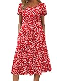Zeagoo A Line Dress for Women Short Sleeve Swing Dresses Fit and Flared Dress Casual Loose Flowy Midi Sundress with Pockets, Red Floral,L