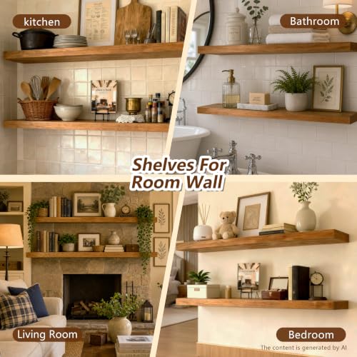 Image of ROGMARS 36 Inches Long Walnut Floating Shelves,Rustic Solid Wood Farmhouse Wall Shelves with Invisible Brackets for Bathroom, Living Room, Bedroom, Kitchen Set of 2