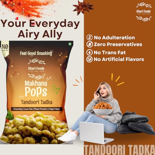 Image of Khari Foods Premium Flavoured Makhana 25g, Crunchy & Roasted Makhana Pops, Protein Source, Fibre Rich, No Palm Oil, Gluten Free (Tandoori Tadka Pack 4)