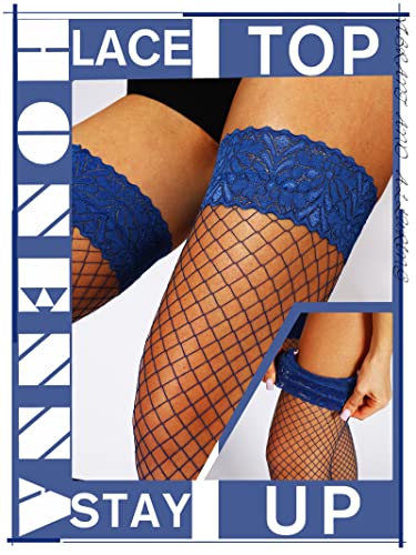 Image of HONENNA Fishnet Thigh High Stockings, 20+ Colors Silicone Lace Top Stay Up Nylons Tights for Woman, Size A-D