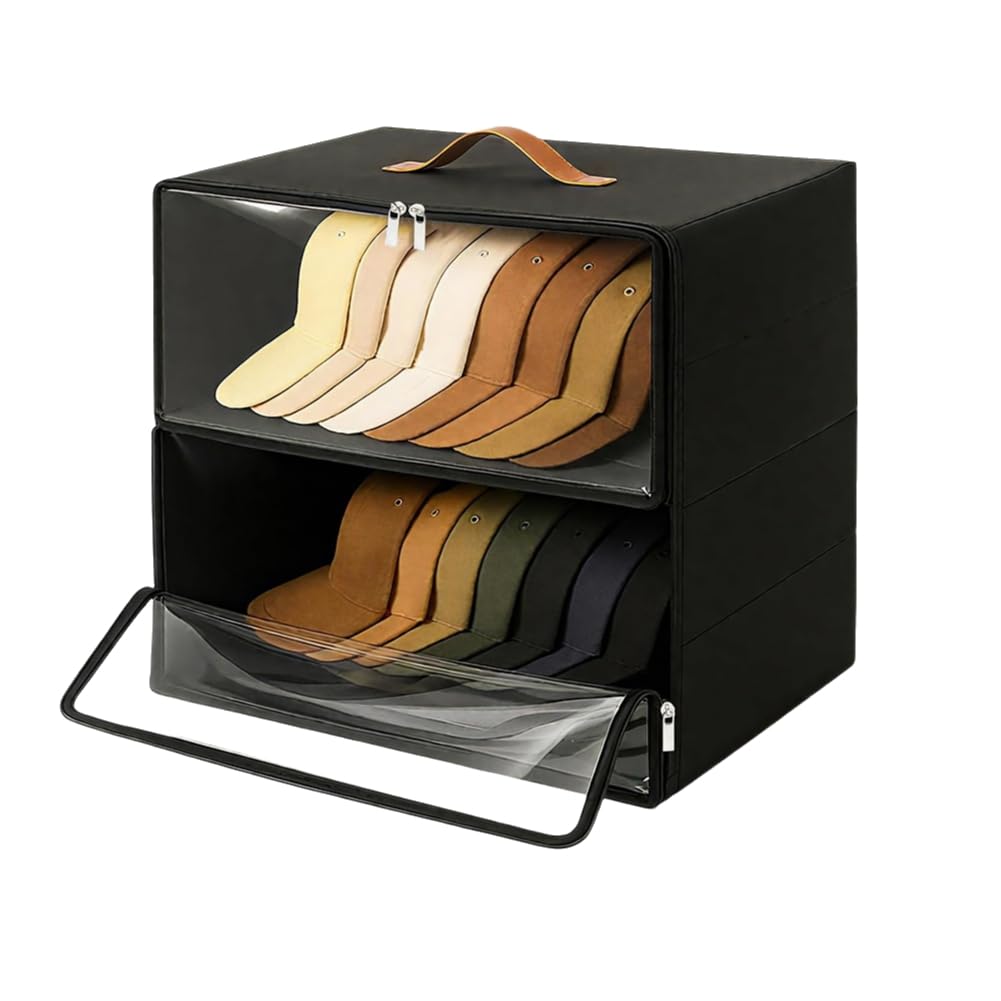 CTRLZS 2 Pack Front-Opening Hat Organizer Stackable Rigid Hat Storage Box Space Saving Baseball Cap Organizer Holder for Closet with Handles for Closet Moisture