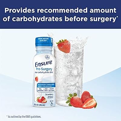 Juven Therapeutic Nutrition Drink Mix Powder for Wound Healing Support, Includes Collagen Protein, Unflavored, 30 Count & Ensure Pre-Surgery, Clear Carbohydrate Drink, Strawberry, 10 Fl Oz (Pack of 4)