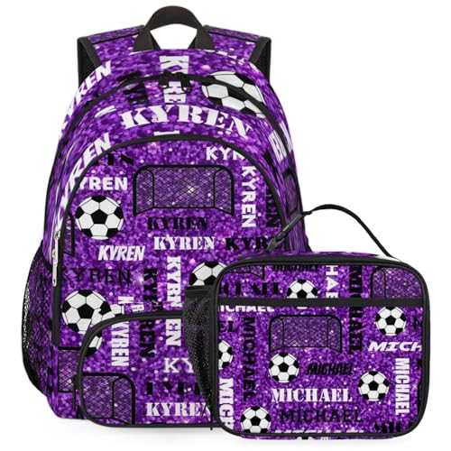 Custom Name Soccer Backpack for Women Men with Lunch Box, Personalized Sport Bag with Lunch Bag, Daypack for Travel Camping, Glitter Purple