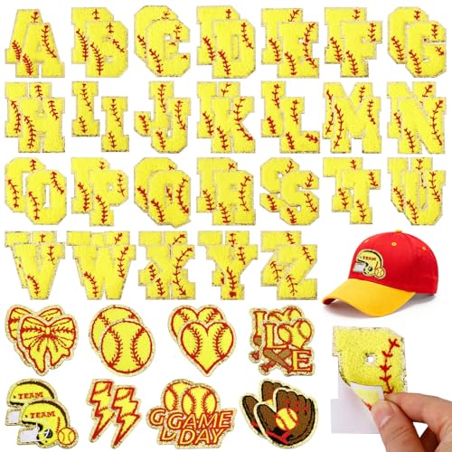68 Pcs Softball Patches Softball Letter Patches Self Adhesive Embroidered Include 52 A-Z Chenille Letters Patch 16 Helmet Glove Bowknot Love Stickers Game Day Softball Patch for Backpacks Hats