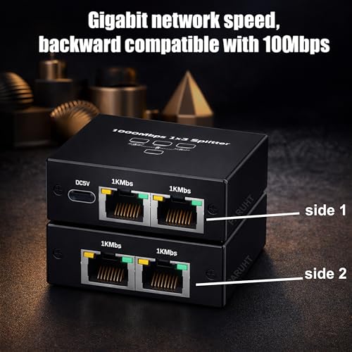 Image of Ethernet Splitter 1 to 3 Gigabit 1000Mbps - RJ45 LAN Network Adapter Hub with USB-C Power, Cat8 /Cat7 /Cat6 /Cat5e Compatible - Plug & Play Internet Cable Splitter for 3 Devices, Black ETHSP-1B3