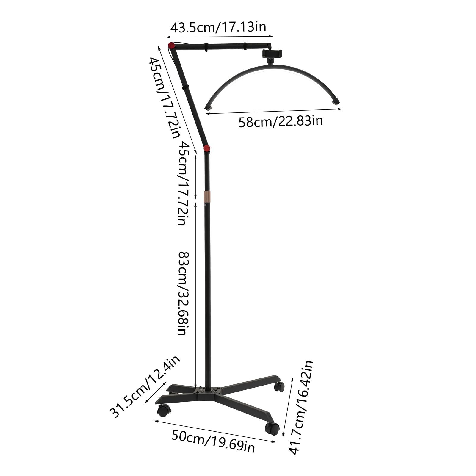 Lampada da terra a LED a forma di mezzaluna, 36 W, altezza regolabile 83-128 cm, luminosità 0-100% e 2 colori di luce, orientabile a 360°, con telecomando e controllo via cavo, clip per smartphone