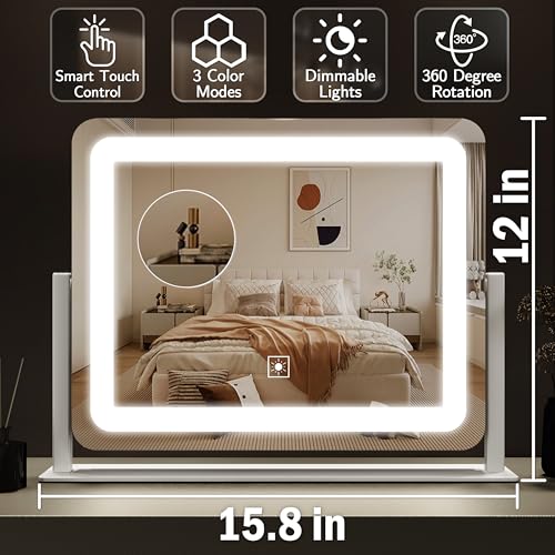 Image of ROLOVE Vanity Mirror with Lights 15 inchx12 inch, Lighted Makeup Mirror with 10X Magnification, 3 Color Lighting & Dimmable Brightness, Light Up Mirror for Desk, Bedroom, Bathroom