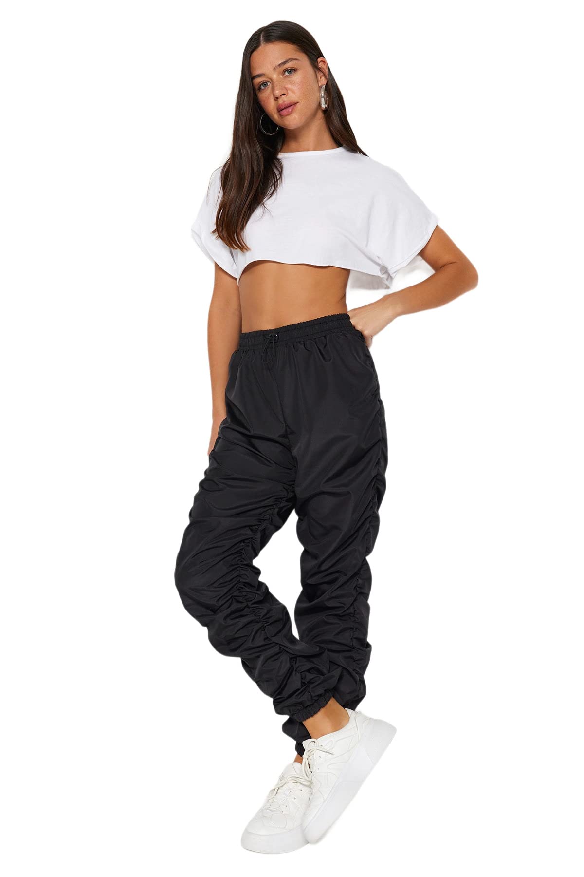 Trendyol Women High Waist Elastic Cuff Trousers,Black,36