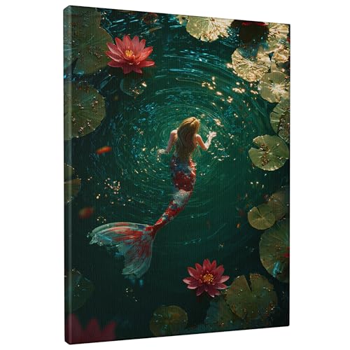Meerjungfrau-Unterwasser-Leinwand-Kunst, grün-blaue Wasserfisch-Drucke, Fantasie-Wandkunst, ästhetische Dekoration für Wohnzimmer, Schlafzimmer, Badezimmer, Schlafsaal, verpackte Leinwand, 30,5 x 40,6 Meerjungfrau-Unterwasser-Leinwand-Kunst, grün-blaue Wasserfisch-Drucke, Fantasie-Wandkunst, ästhetische Dekoration für Wohnzimmer, Schlafzimmer, Badezimmer, Schlafsaal, verpackte Leinwand, 30,5 x 40,6