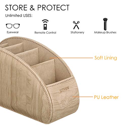 Image of SITHON Remote Control Holder with 5 Compartments - PU Leather Remote Caddy Desktop Organizer Store TV, DVD, Blu-Ray, Media Player, Heater Controllers, Woodgrain Khaki